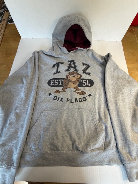 Warner Bros. Other - Warner Bros. TAZ Six Flags Pullover Hoodie - Gray with Maroon Lining Size Large